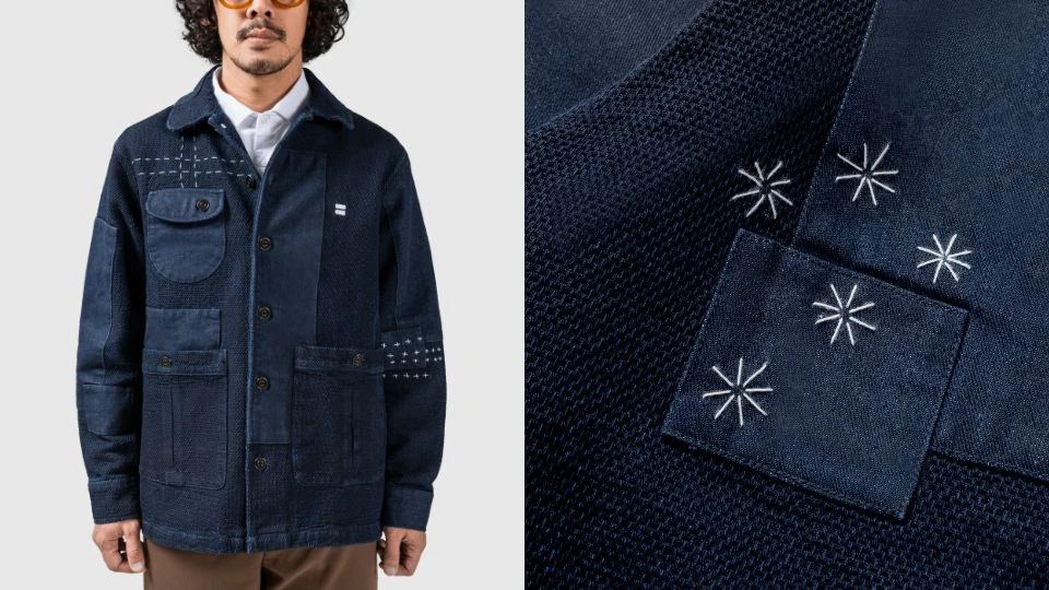 Bodypack Cannor Chore Denim Jacket untuk outfit kantor casual dengan desain fungsional dan motif sashiko untuk gaya smart casual pria.